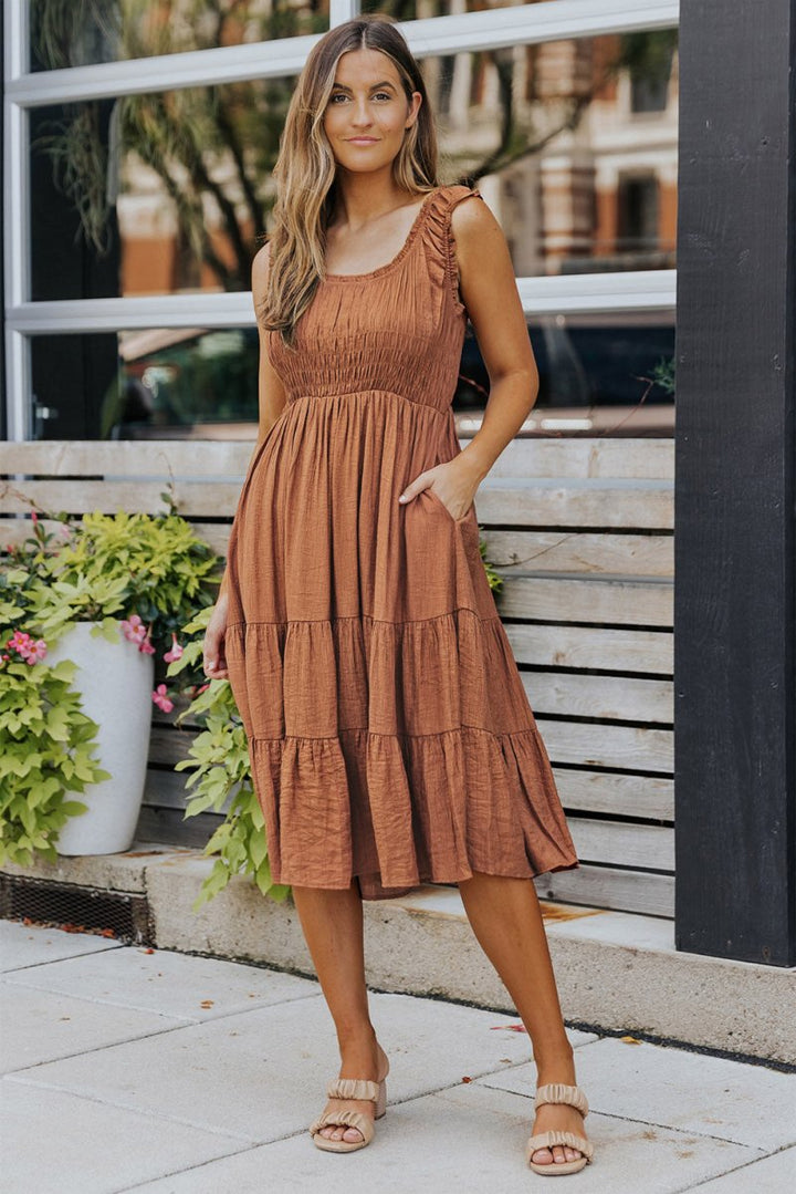 Juliana Smocked Ruched Sleeveless High Waist Midi Dress - Rebel Nomad