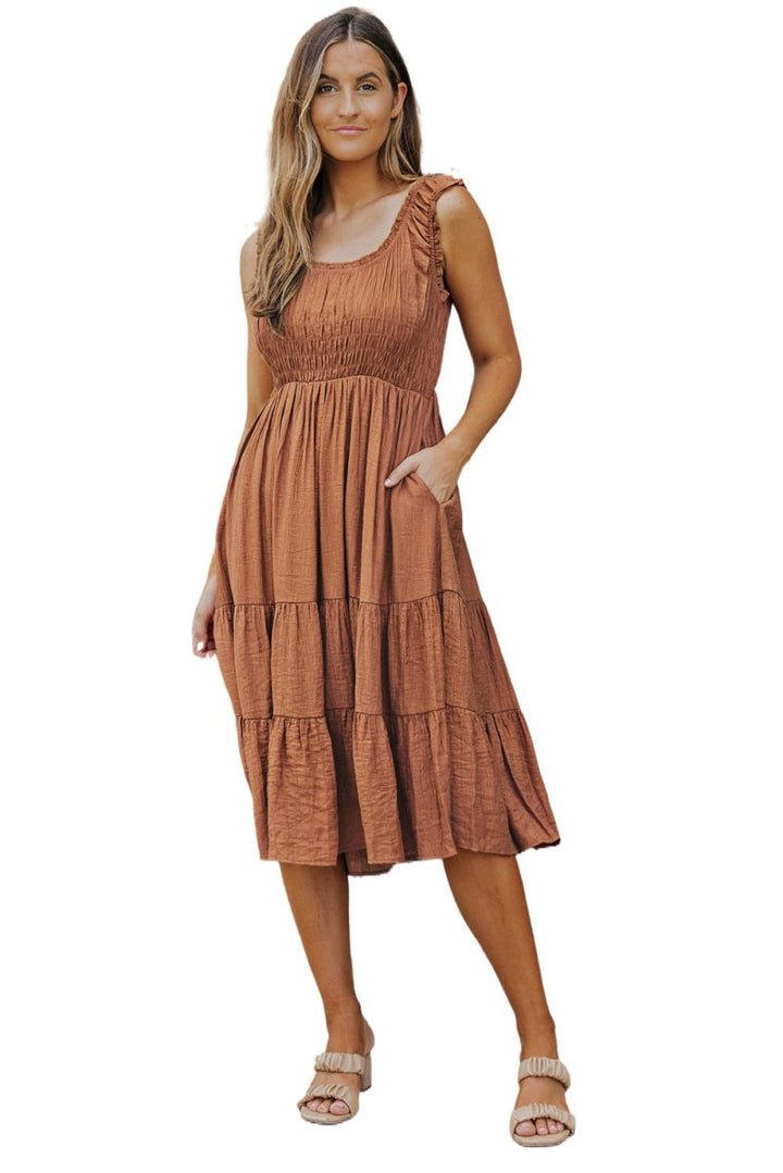 Juliana Smocked Ruched Sleeveless High Waist Midi Dress - Rebel Nomad