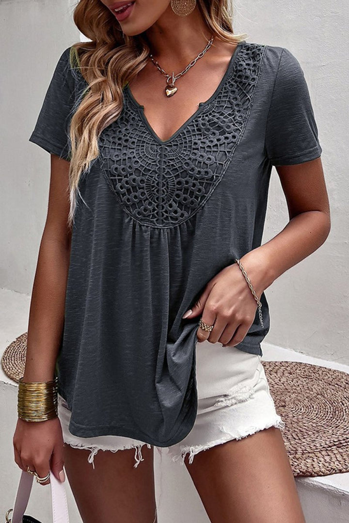 Junia Lace Crochet Patchwork V Neck T-Shirt - Rebel Nomad