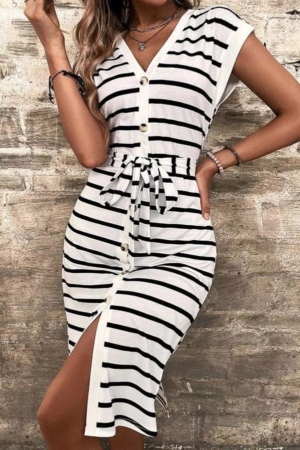 Kalliope Striped Button Slit Tie V-Neck Midi Dress - Rebel Nomad