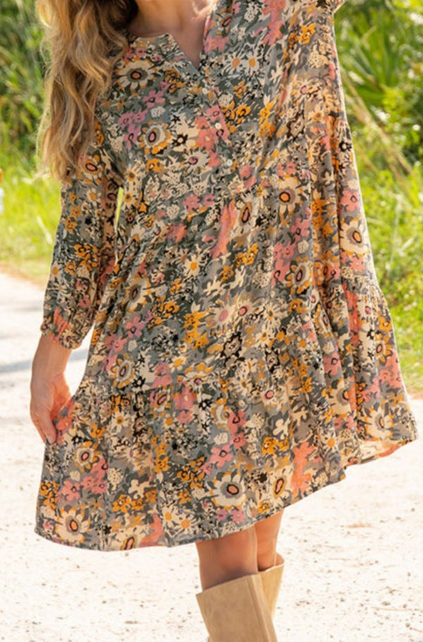 Karena Buttoned Crew Neck 3/4 Sleeve Floral Dress - Rebel Nomad