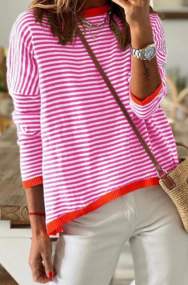 Karmen Contrast Trimmed Striped Drop Shoulder Sweater - Rebel Nomad