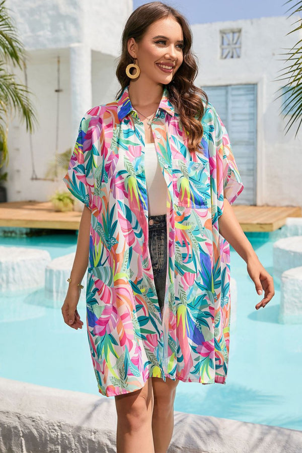 Keira Plant Print Button-up Half Sleeve Beach Cover Up - Rebel Nomad