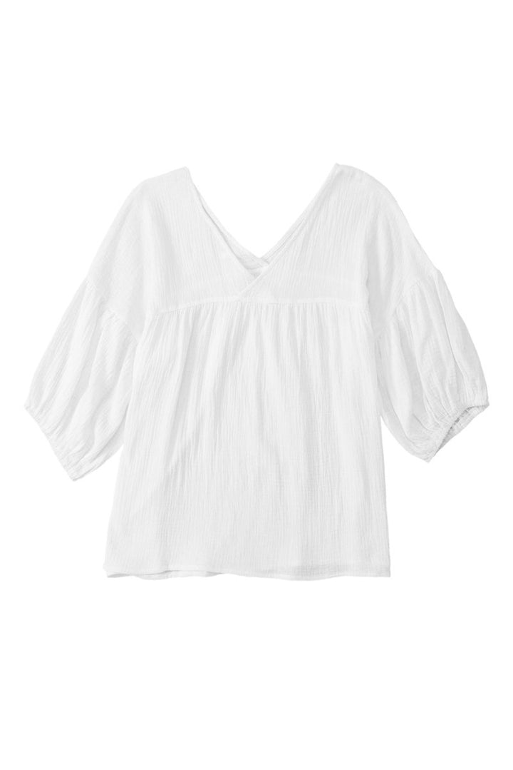 Kinsley Textured V Neck Bracelet Sleeve Babydoll Blouse - Rebel Nomad