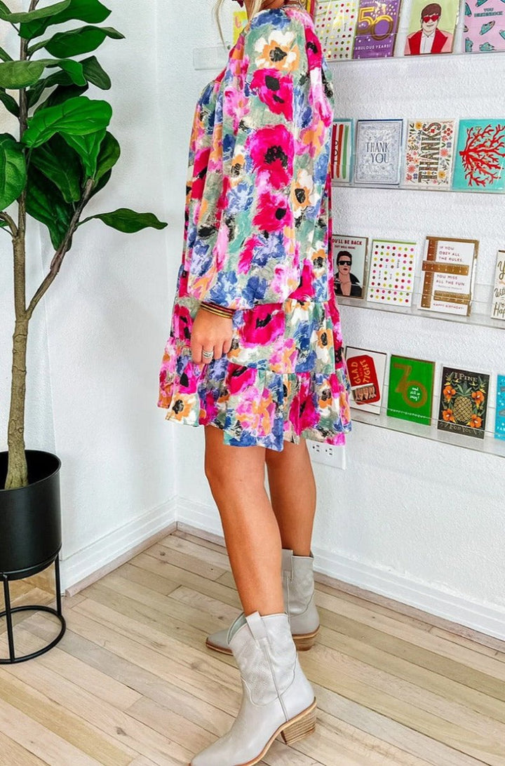 Kyleigh Floral Tie Neck Bubble Sleeve Shift Dress - Rebel Nomad