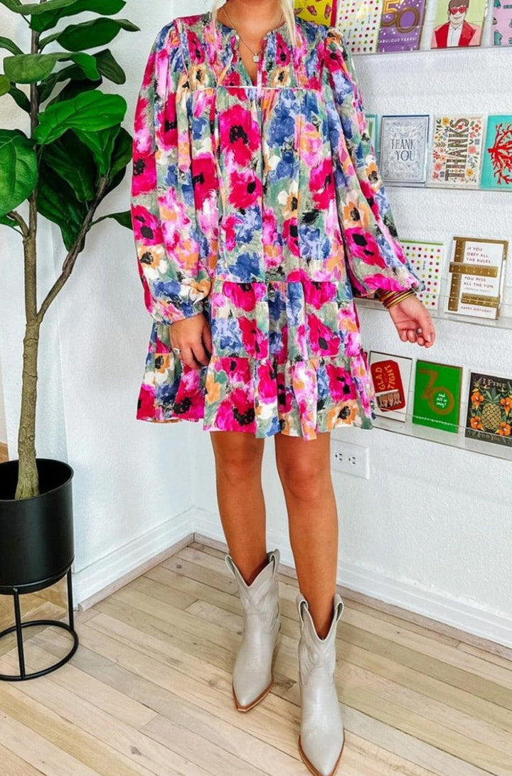 Kyleigh Floral Tie Neck Bubble Sleeve Shift Dress - Rebel Nomad