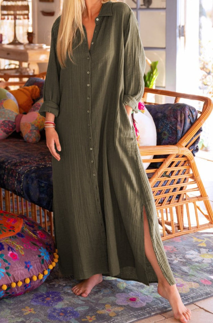 Lana Crinkle Button Up Casual Split Shirt Maxi Dress - Rebel Nomad