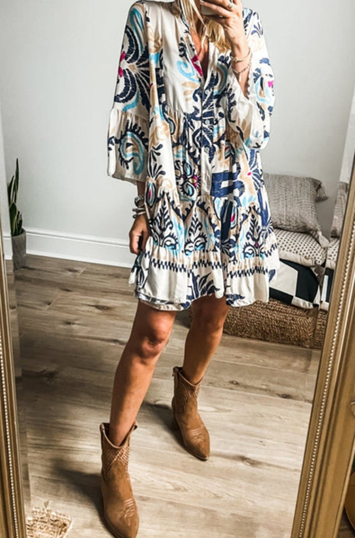 Lara Tribal Print Bracelet Sleeve Buttoned Mini Dress - Rebel Nomad