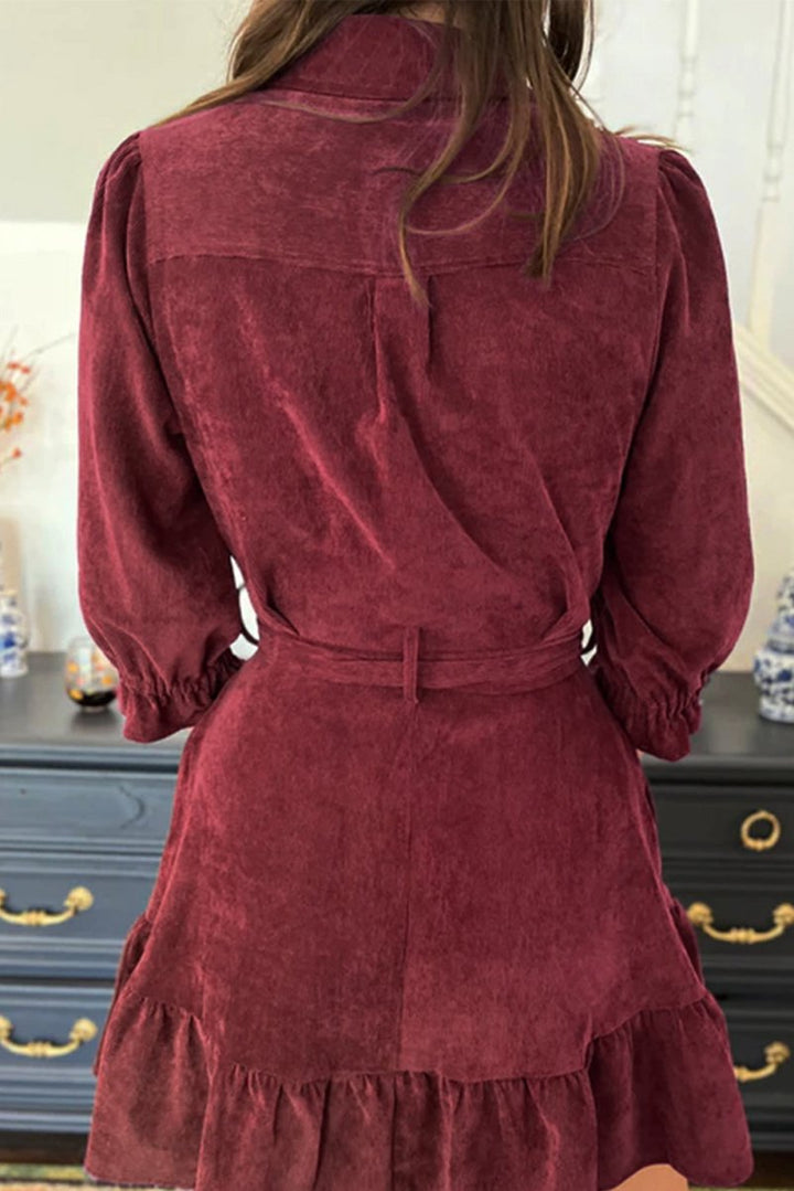 Laraine Collared Buttons Front Ruffled Hem Shirt Corduroy Dress - Rebel Nomad