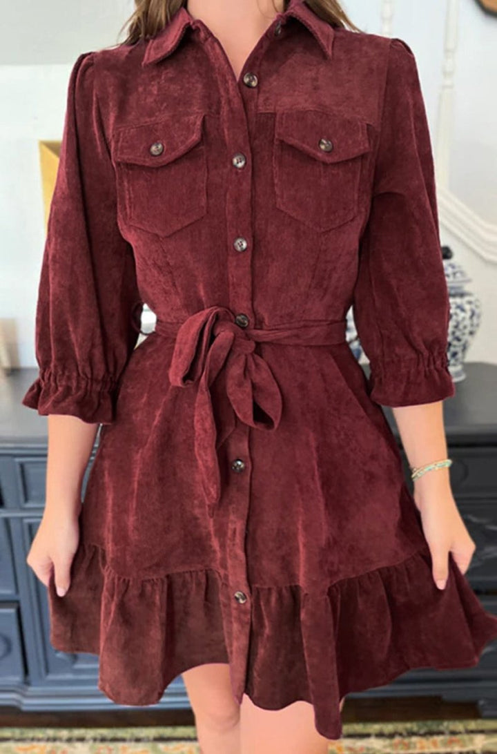 Laraine Collared Buttons Front Ruffled Hem Shirt Corduroy Dress - Rebel Nomad