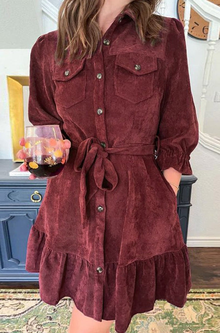 Laraine Collared Buttons Front Ruffled Hem Shirt Corduroy Dress - Rebel Nomad