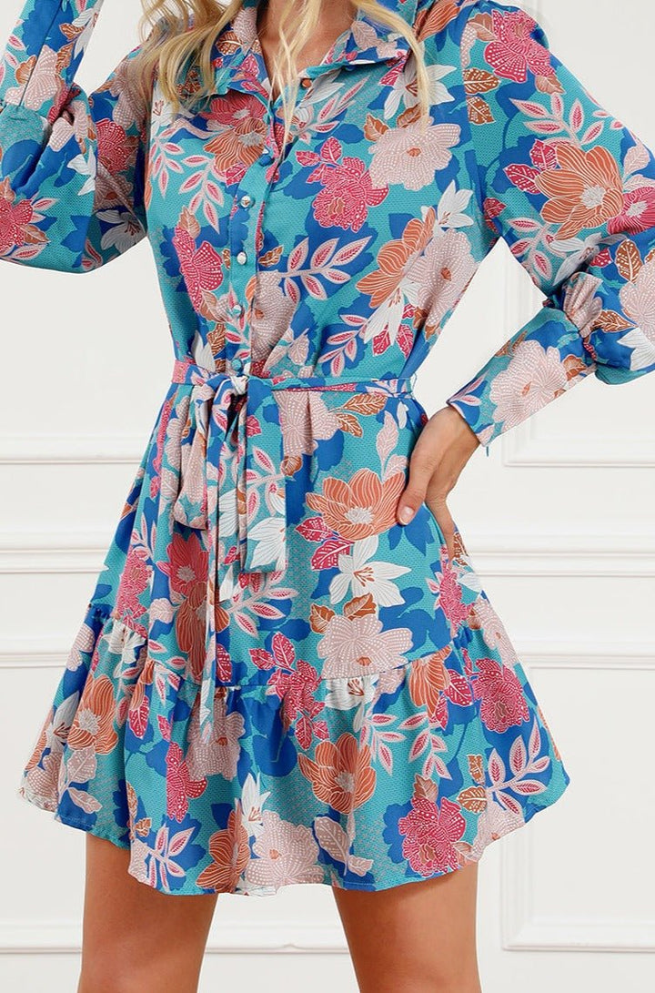 Larisa Floral Print Lantern Sleeve Belted Shirt Dress - Rebel Nomad