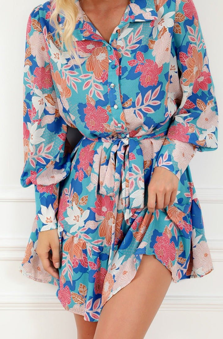 Larisa Floral Print Lantern Sleeve Belted Shirt Dress - Rebel Nomad