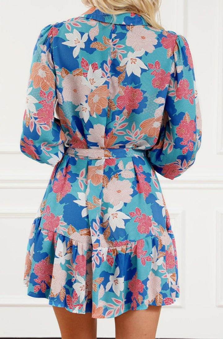 Larisa Floral Print Lantern Sleeve Belted Shirt Dress - Rebel Nomad