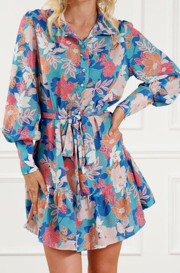 Larisa Floral Print Lantern Sleeve Belted Shirt Dress - Rebel Nomad