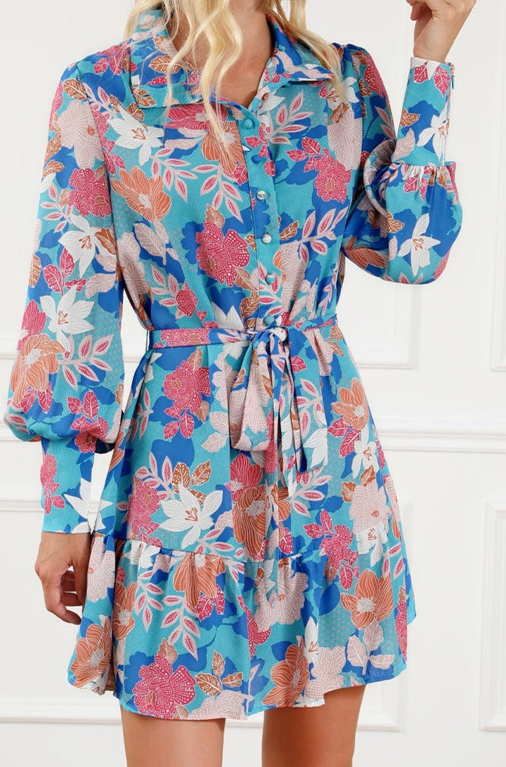 Larisa Floral Print Lantern Sleeve Belted Shirt Dress - Rebel Nomad