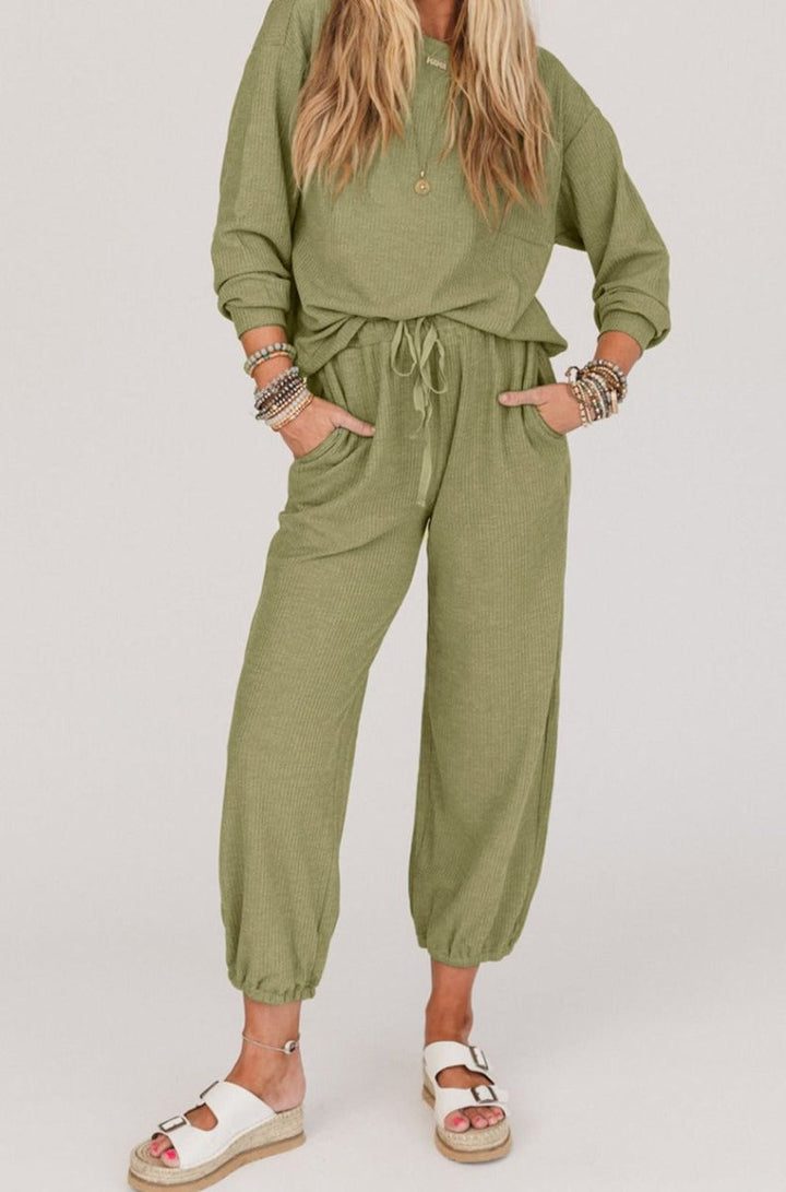 Larita Waffle Knit Long Sleeve Top Drawstring Joggers Set - Rebel Nomad