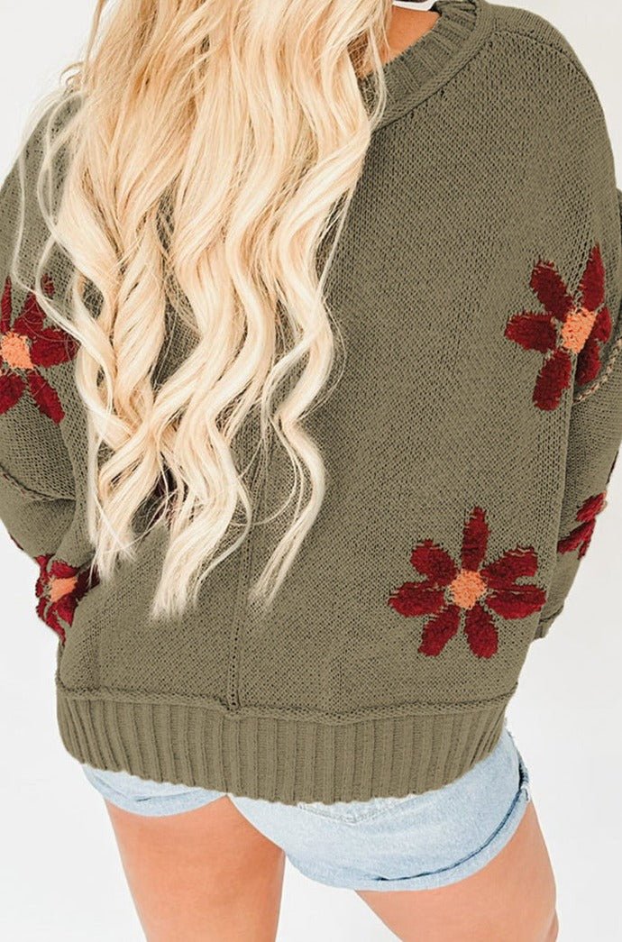 Latonia Flower Knit Ribbed Trim V Neck Sweater - Rebel Nomad