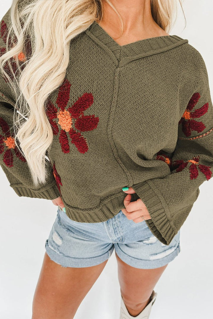 Latonia Flower Knit Ribbed Trim V Neck Sweater - Rebel Nomad