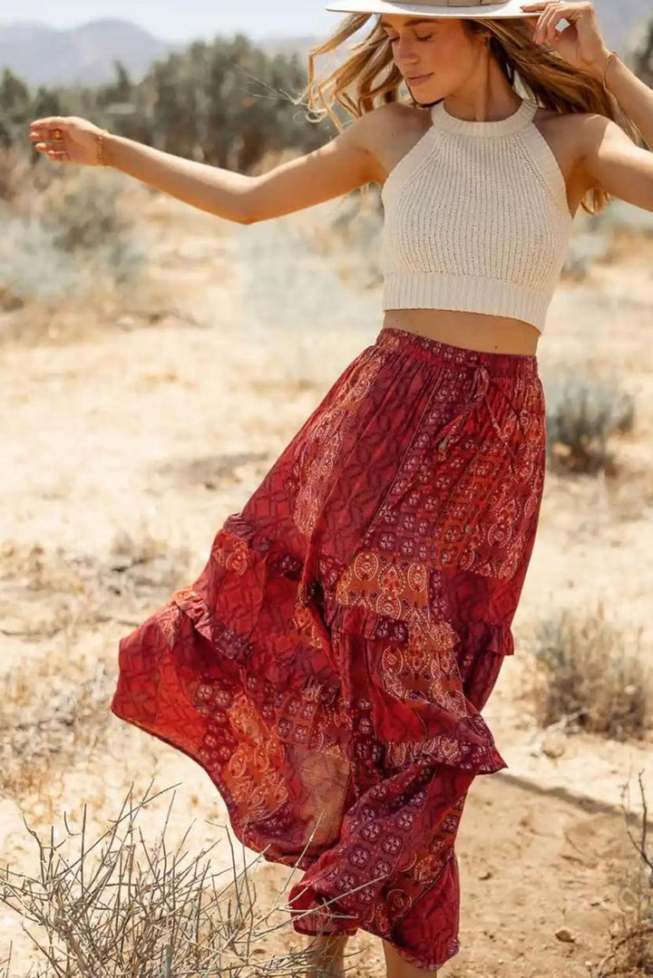 Leonia Bohemian Mix Print Long Flared Skirt - Rebel Nomad