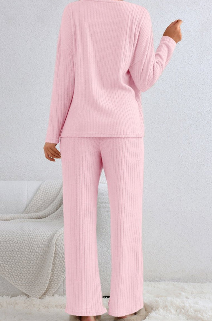 Light Pink Ribbed Knit V Neck Slouchy Two-piece Outfit - Rebel Nomad