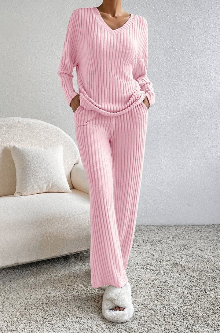 Light Pink Ribbed Knit V Neck Slouchy Two-piece Outfit - Rebel Nomad