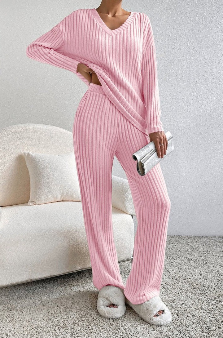 Light Pink Ribbed Knit V Neck Slouchy Two-piece Outfit - Rebel Nomad