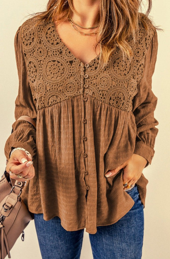 Lily Lace Crochet Buttoned V Neck Babydoll Top - Rebel Nomad