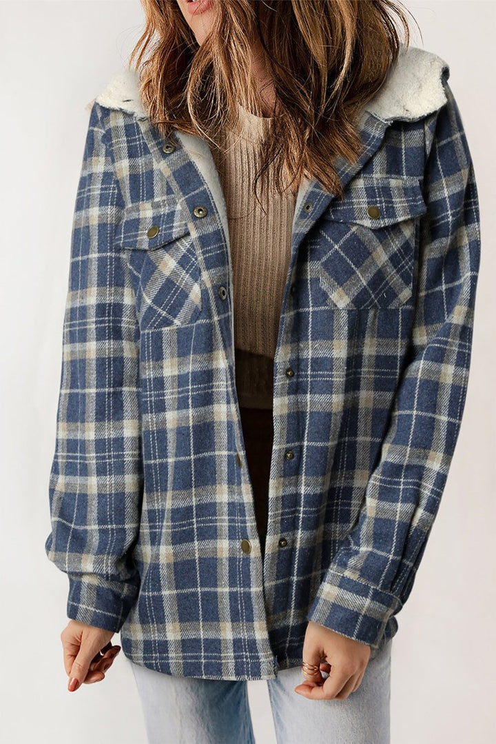 Lorretta Plaid Pattern Sherpa Lined Hooded Shacket - Rebel Nomad