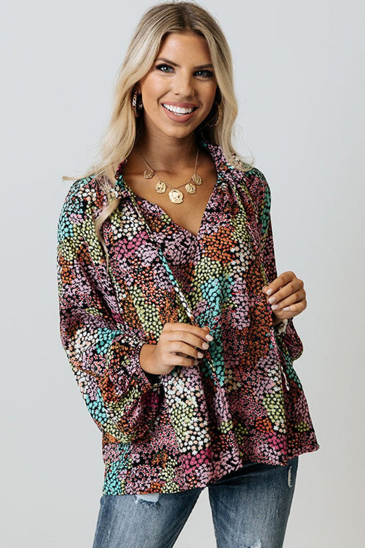 Lucie Vibrant Floral Tie V Neck Puff Sleeve Blouse - Rebel Nomad