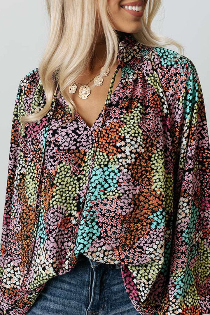 Lucie Vibrant Floral Tie V Neck Puff Sleeve Blouse - Rebel Nomad