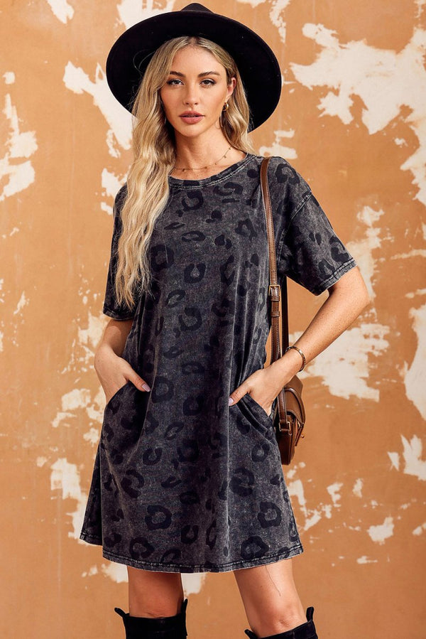 Lunaveil Vintage Washed Leopard T-Shirt Dress with Pockets - Rebel Nomad