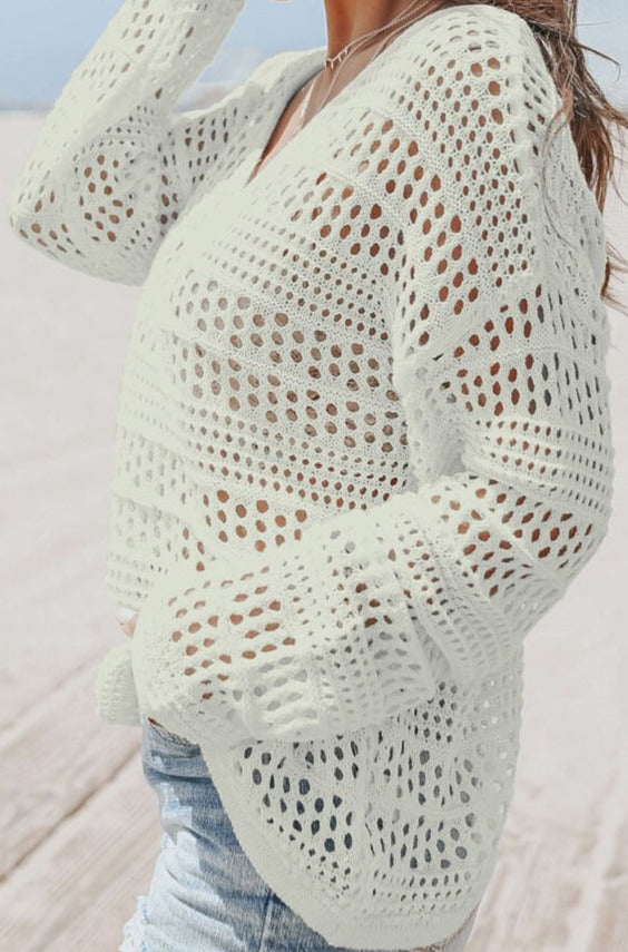 Lyanna Hollow Out Crochet V Neck Pullover Sweater - Rebel Nomad