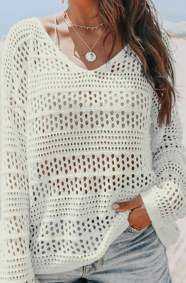 Lyanna Hollow Out Crochet V Neck Pullover Sweater - Rebel Nomad