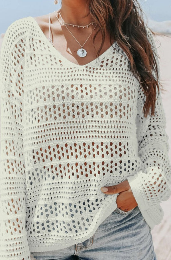 Lyanna Hollow Out Crochet V Neck Pullover Sweater - Rebel Nomad