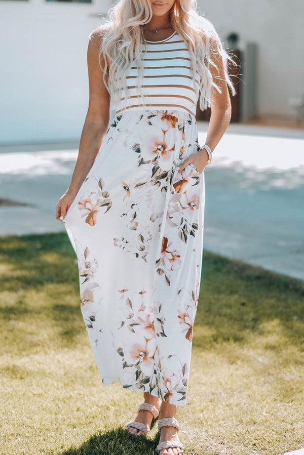 Madge Striped Floral Print Sleeveless Maxi Dress with Pocket - Rebel Nomad