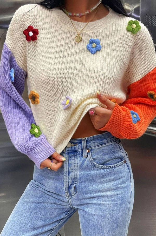 Madisyn Flower Applique Colorblock Drop Shoulder Sweater - Rebel Nomad