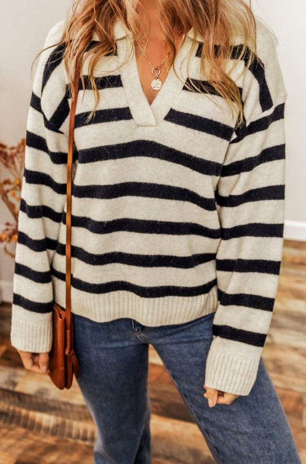 Majorie Striped Knit Drop Shoulder Collared V Neck Sweater - Rebel Nomad