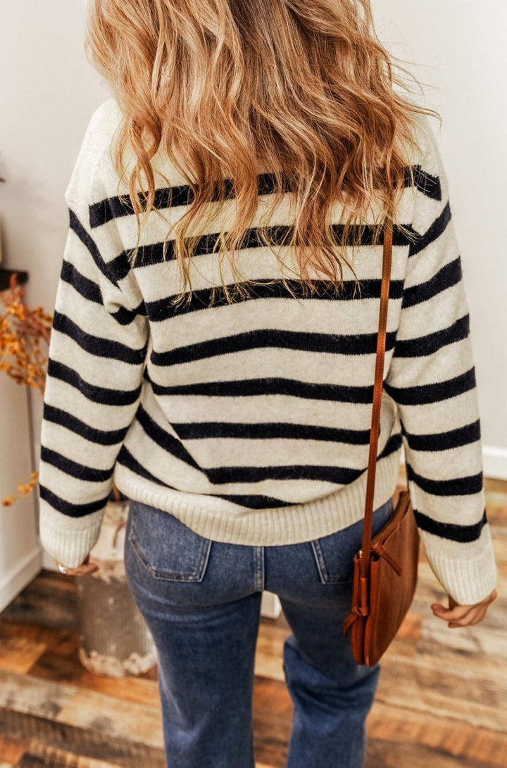 Majorie Striped Knit Drop Shoulder Collared V Neck Sweater - Rebel Nomad