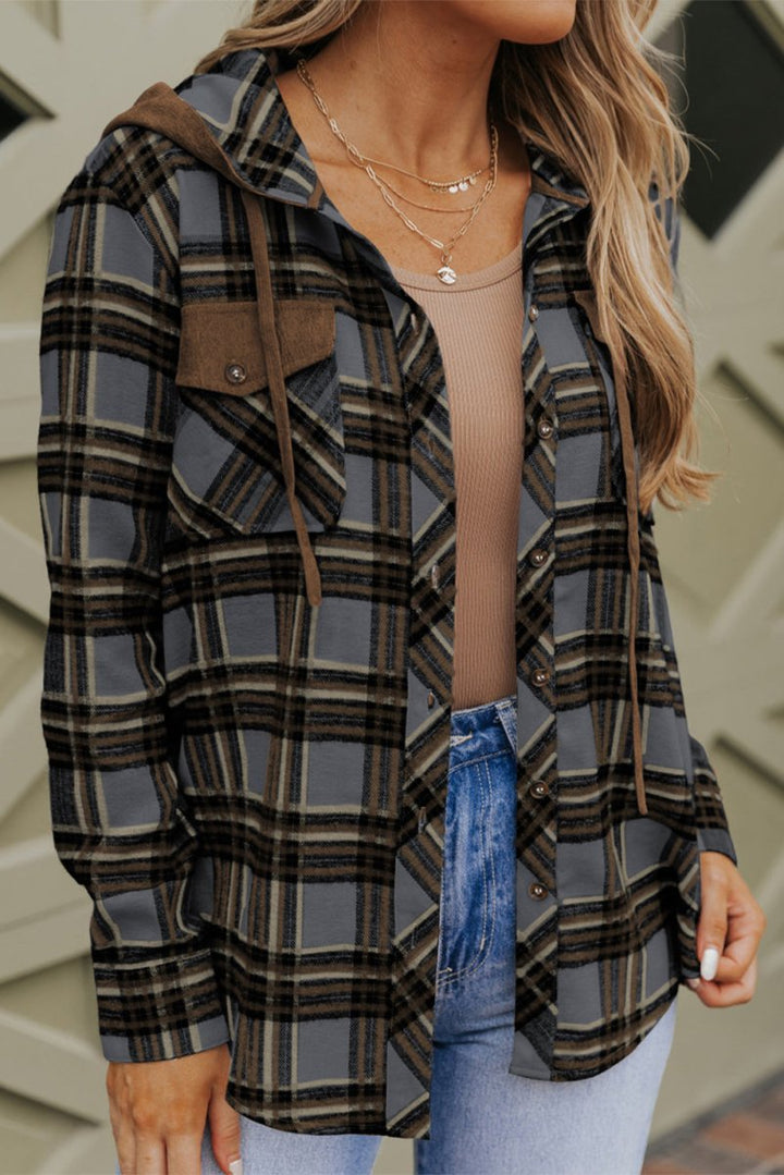 Makenna Hooded Drawstring Plaid Shacket - Rebel Nomad