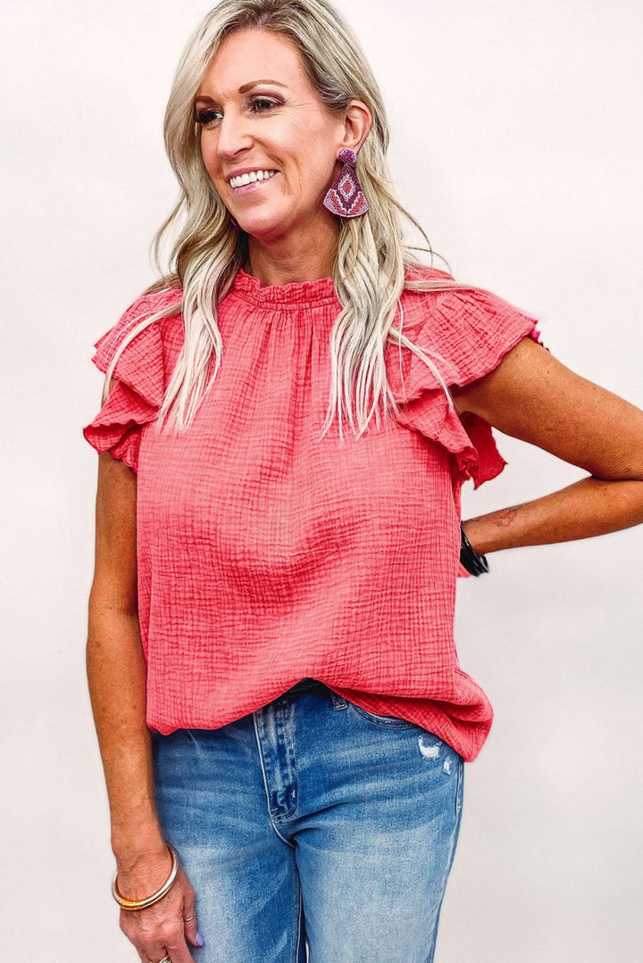 Makenzie Flutter Sleeve Frilled Neck Textured Blouse - Rebel Nomad