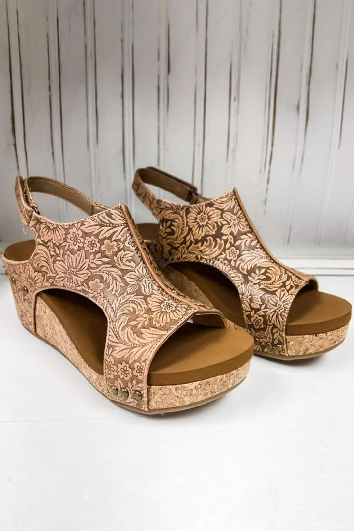 Marcellina Vintage Floral Leather Rivet Hollowed Platform Sandals - Rebel Nomad