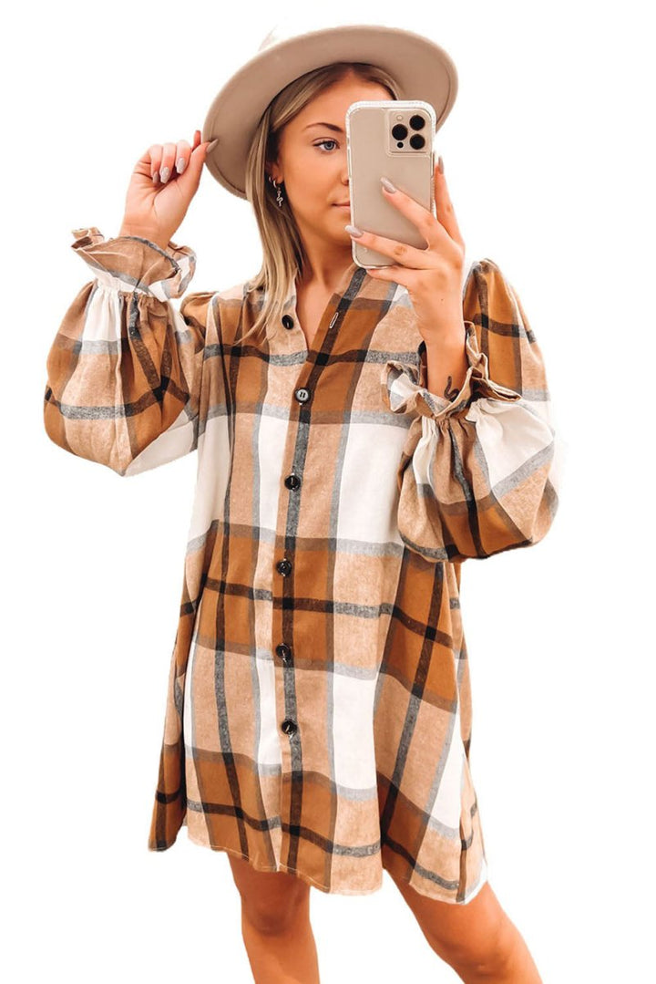 Mariella Plaid Pattern Collared Neck Ruffled Sleeve Shirt Dress - Rebel Nomad