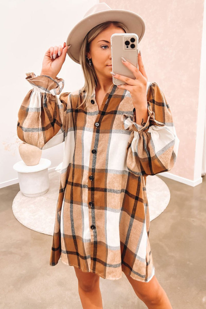 Mariella Plaid Pattern Collared Neck Ruffled Sleeve Shirt Dress - Rebel Nomad