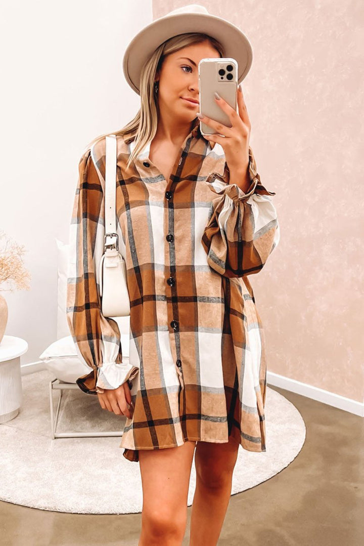 Mariella Plaid Pattern Collared Neck Ruffled Sleeve Shirt Dress - Rebel Nomad