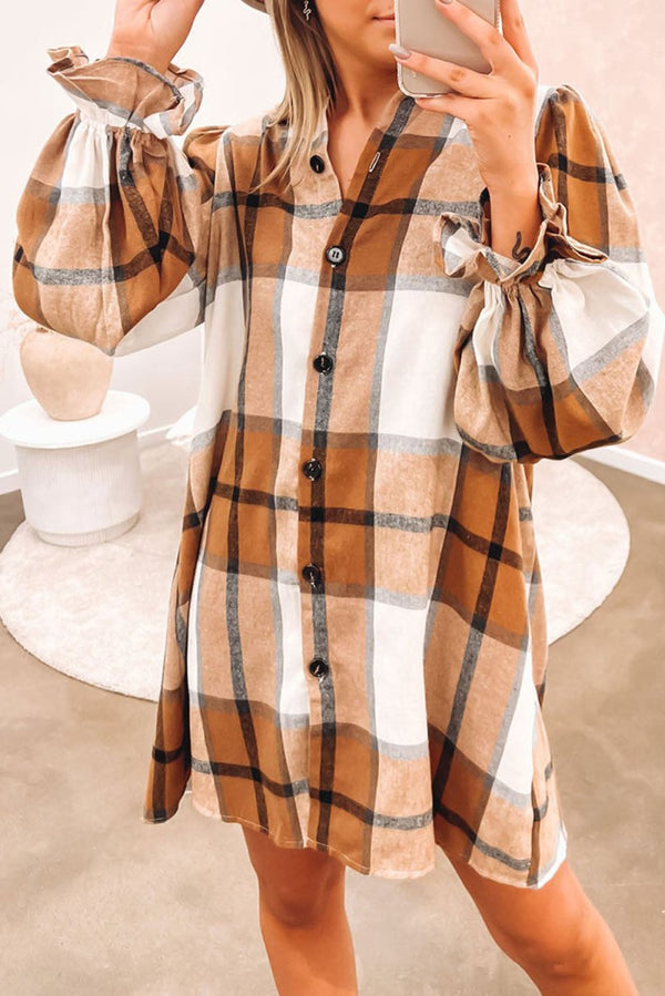 Mariella Plaid Pattern Collared Neck Ruffled Sleeve Shirt Dress - Rebel Nomad