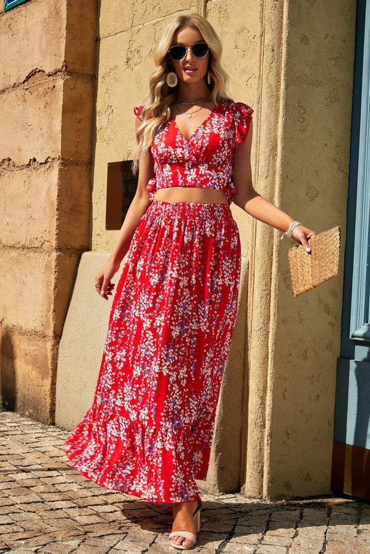 Marija Multicolor Floral Ruffled Crop Top and Maxi Skirt Set - Rebel Nomad