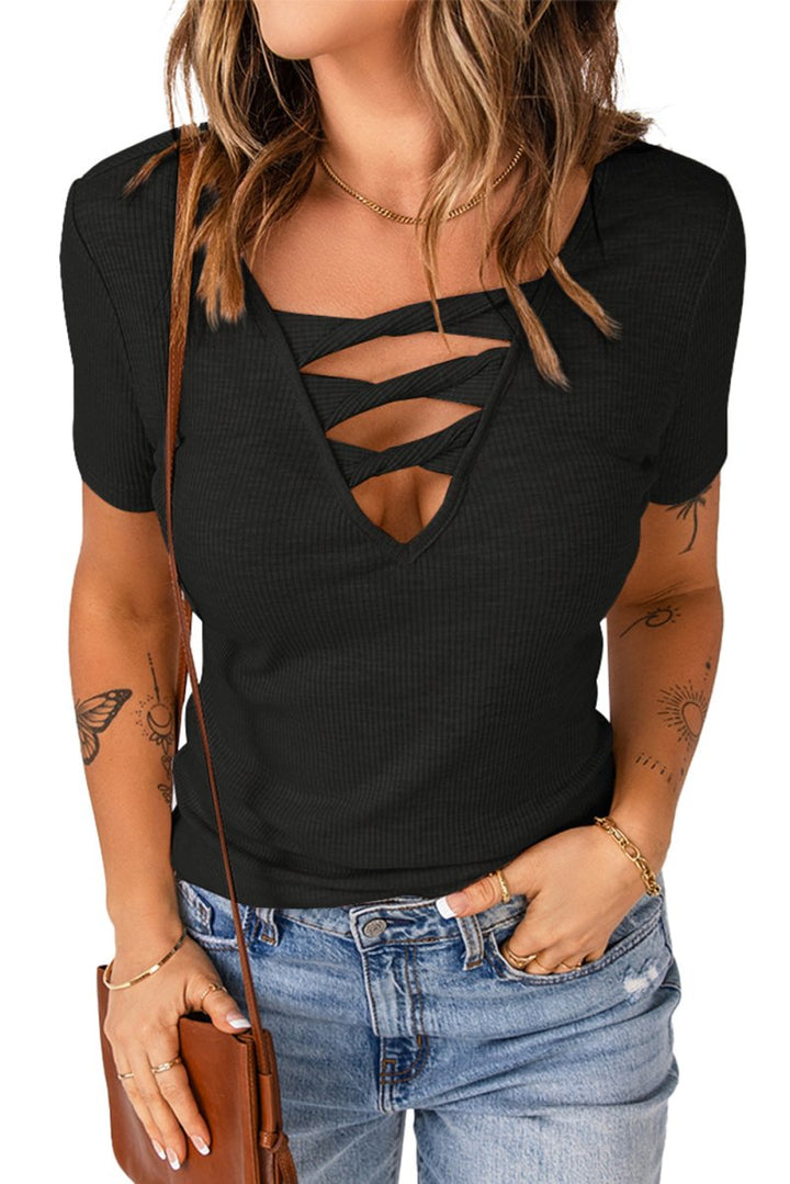 Masquerade Strappy Hollow-out Neck Rib Knit T-shirt - Rebel Nomad