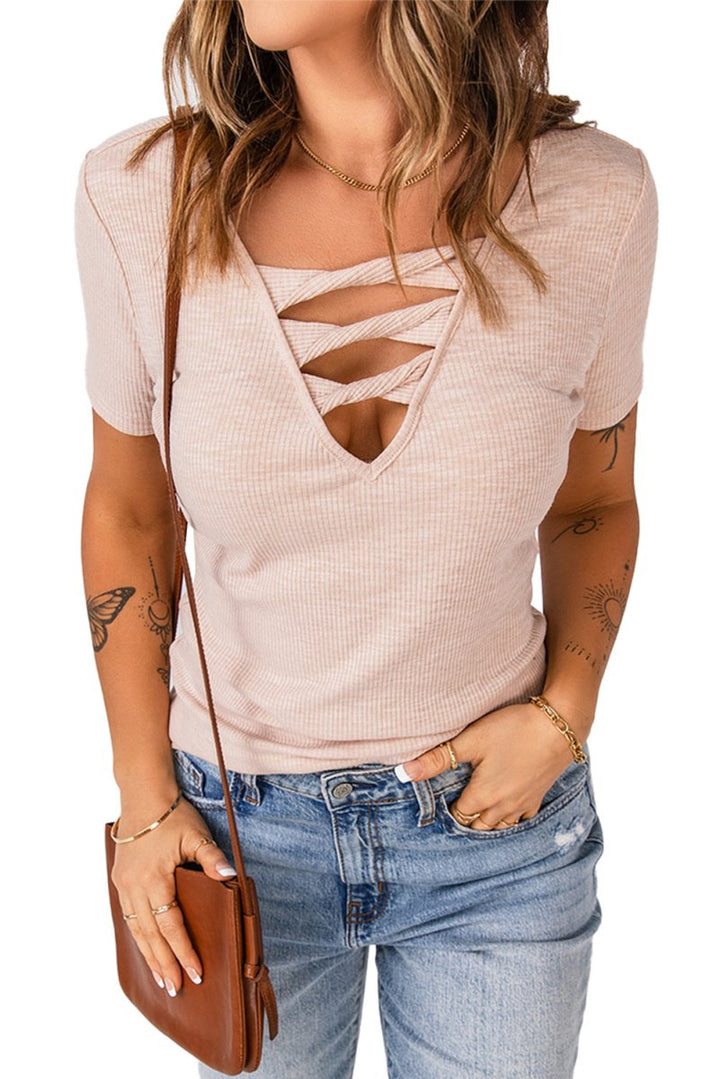Masquerade Strappy Hollow-out Neck Rib Knit T-shirt - Rebel Nomad