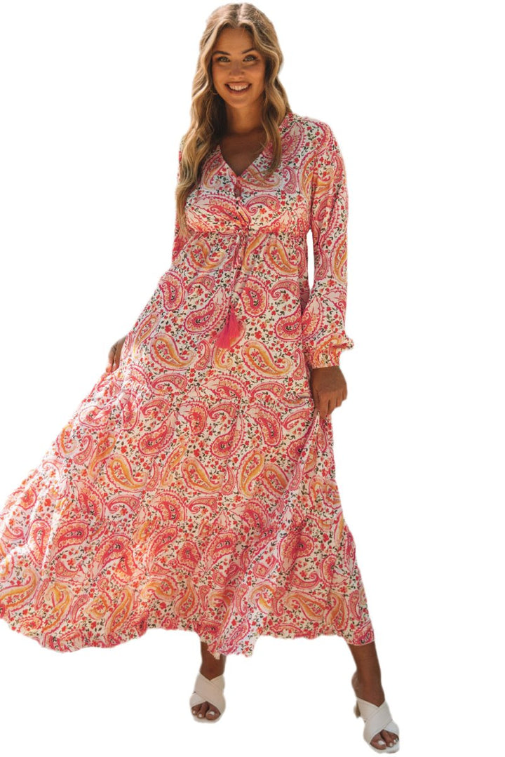 Maude Boho Holiday Paisley Print Tiered Long Sleeve Maxi Dress - Rebel Nomad